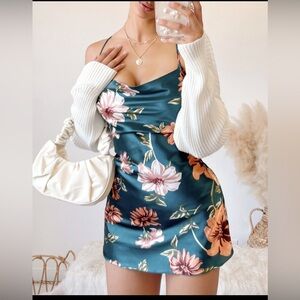 Satin Floral Drop Back Mini Dress (Teal)